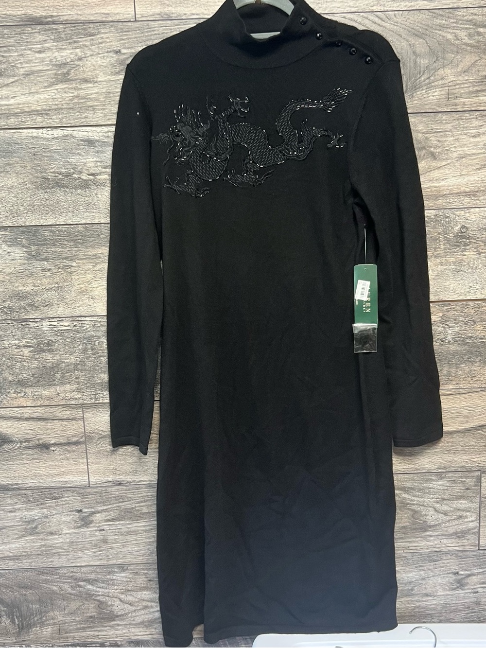 NWT Lauren Ralph Lauren Black Long-Sleeve Dragon Knit Dress. 100% wool